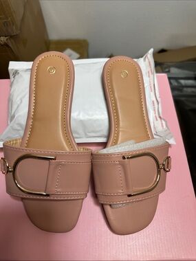 Women’s Dusty Pink Slide Mules with Gold Buckle Accent
